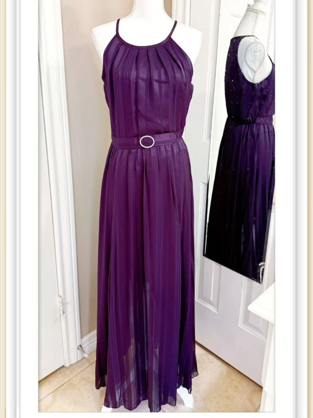 Elegant plum purple pleated maxi dress with matching waist belt size 6